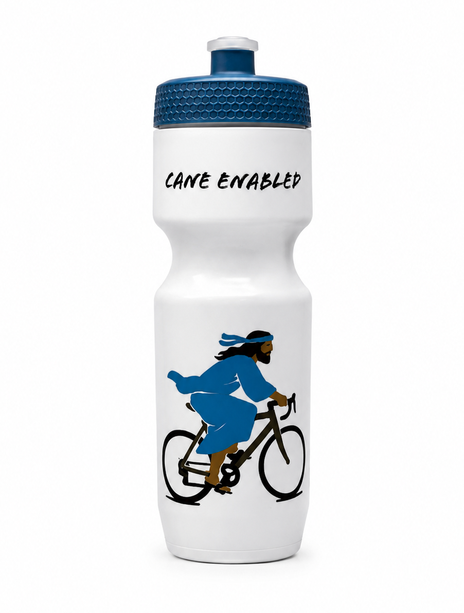 White water bottle with blue top and graphic of a person using a cane to ride a bike, with 'CANE ENABLED' text.
